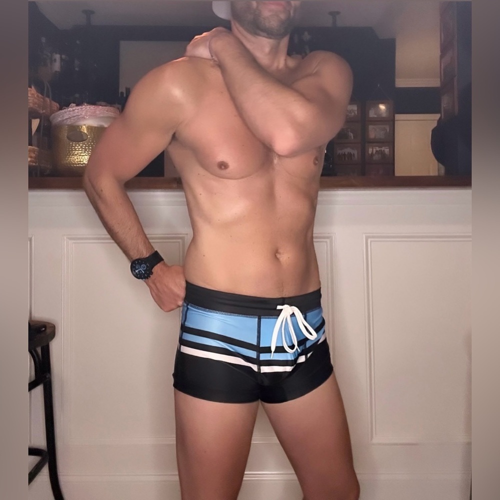 Cassis Square Cut Swim Trunks in Blue, Black & White (Medium / 30-32" Waist) - Picture 3 of 13